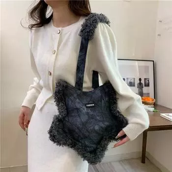Сумка-тоут для женщин, сумка из плюша, повседневная сумка через плечо для женщин, кошелек через плечо и дамская сумочка one size чёрный