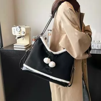 Сумка-тоут Fur Ball, женская многоцелевая сумка через плечо, рюкзак большой вместимости чёрный