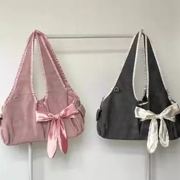 Сумка-тоут Harajuku большой емкости для женщин Fairycore Aesthetic Bow Chic Grey Handbag Женская винтажная симпатичная сумка через плечо One Size розовый