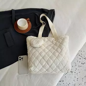 Сумка-тоут из цельного хлопка на молнии, универсальная сумка через плечо для поездок на работу, сумка для покупок с ромбовидной сеткой