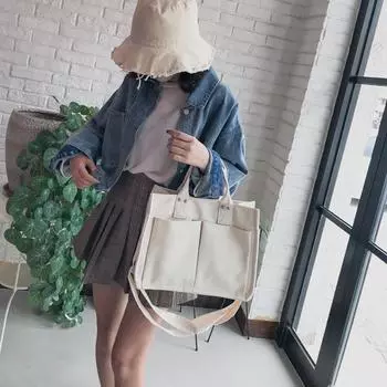 Сумка-тоут из цельного холста с несколькими карманами, повседневная женская сумка через плечо