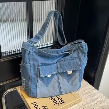 Сумка-тоут из денима большой емкости, модная женская сумка через плечо, школьная сумка для студента, сумка-мессенджер чёрный