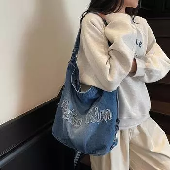 Сумка-тоут из денима с винтажной вышивкой и надписью, женская, большая вместимость, сумка через плечо темно-синий