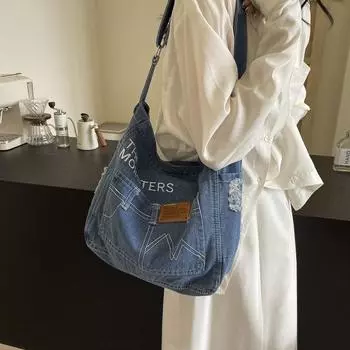 Сумка-тоут из денима, женская сумка через плечо, сумка через плечо, студенческая сумка для занятий светло-синий