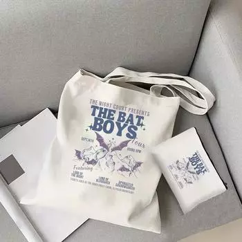 Сумка-тоут из холста Bat Boys, сумка через плечо для женщин, портативная сумка-тоут для книг WHITE