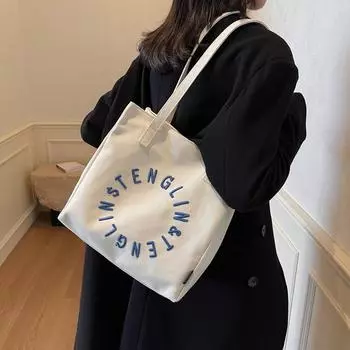 Сумка-тоут из холста для женщин, сумка через плечо с вышитыми буквами бежевый