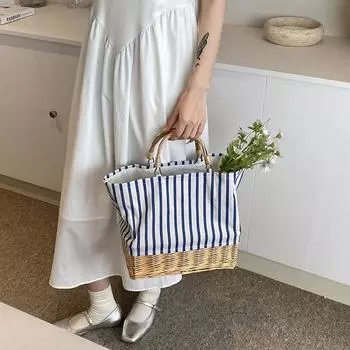 Сумка-тоут из холста из ротанга, сумки-клатчи, большая вместительная сумка из ротанговой ткани с ручкой из ротанга для работы, повседневные комплекты синий
