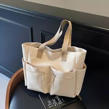 Сумка-тоут из холста с несколькими карманами, вместительная женская сумка для поездок на работу, студенческая сумка через плечо бежевый