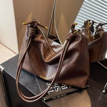 Сумка-тоут из искусственной кожи в стиле ретро для женщин, большая вместимость, сумки через плечо, роскошные модные коричневые сумки для шопинга, новинка 2024 года, большая сумка-хобо для подмышек чёрный