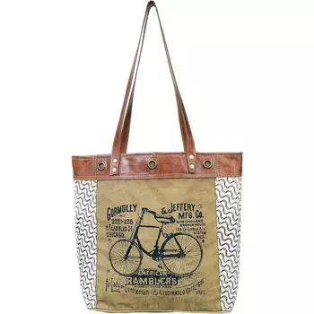 Сумка-тоут из кожи, холщовая сумка через плечо с кожей, 16x13x4 дюйма, принт «Велосипед» - хаки, для женщин 16 x 13 x 4 in