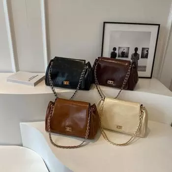 Сумка-тоут из мягкой искусственной кожи в стиле ретро, вместительная, женская, на осень и зиму 2024 года, универсальная, простая, с цепочкой, на одно плечо, косая сумка чёрный