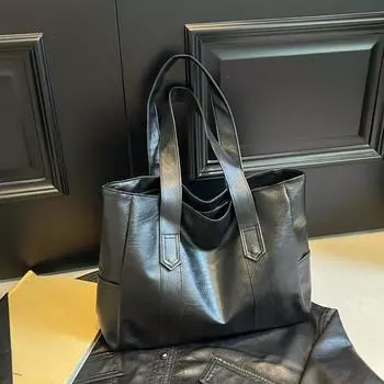 Сумка-тоут из мягкой искусственной кожи в стиле ретро, большая вместительная сумка через плечо для женщин, модная повседневная рабочая сумка чёрный