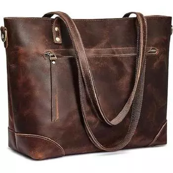 Сумка-тоут из натуральной кожи для женщин, деловая сумка через плечо с наружными карманами 16*12*11 темно-коричневого