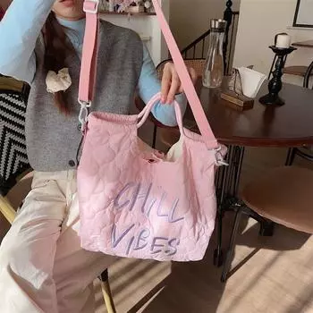 Сумка-тоут из нейлона с вышивкой, большая вместимость, сумка через плечо из пуховой ткани для покупок розовый