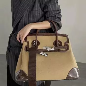 Сумка-тоут из платиновой кожи осень/зима: Повседневная холщовая сумка в стиле ретро — для женщин, которую можно носить в руке, на плече или через плечо. 40cm x 15cm x 31cm хаки