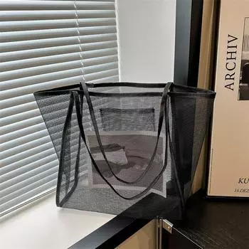 Сумка-тоут из прозрачной сетки Bali beach ins wind 2024, новая сумка-тоут в иностранном стиле на одно плечо через плечо, ослепительная сумка-тоут чёрный