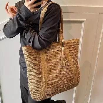 Сумка-тоут из соломы и песочного плетения, женская, с вырезами и кисточками, большая вместительная сумка-тоут для отпуска хаки