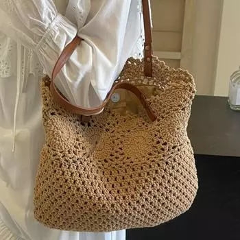 Сумка-тоут из соломы в стиле бохо, женская, большая вместимость, на одно плечо, плетеная, пляжная сумка для отдыха на море хаки