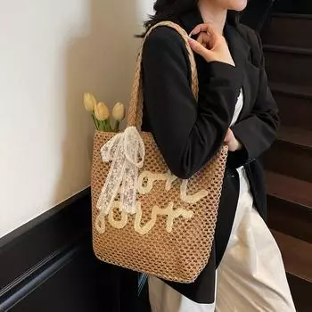 Сумка-тоут из соломы, женская, большая вместимость, сумка через плечо, сумка через подмышку чёрный/белый