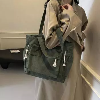 Сумка-тоут из утолщенного бархата с несколькими карманами на молнии для повседневного ношения на плече для студентов-художников серый