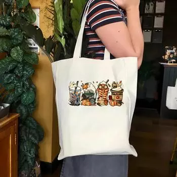 Сумка-тоут Magic Fall Latte, холщовая сумка-тоут для волшебника на Хэллоуин, подарочная сумка-тоут для веера-волшебника, сумка-тоут для кофе на осень, сумка-тоут HP Magic Latte на Хэллоуин WHITE