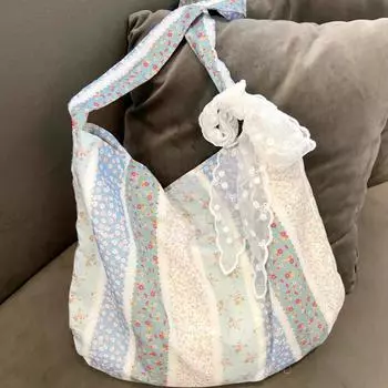 Сумка-тоут на одно плечо с цветочным принтом во французском стиле, вместительная, для переноски на руках, для поездок на работу и обратно синий