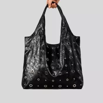 Сумка-тоут Niche Design с заклепками и большой вместимостью, винтажная, из мягкой кожи, сумка-хобо через плечо чёрный