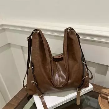 Сумка-тоут однотонная ретро повседневная сумка на плечо нишевый дизайн дорожная текстура большая вместительная сумка женская коричневый