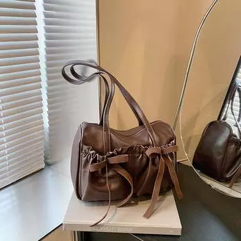 Сумка-тоут с бантом и складками, осенне-зимняя, с высокой текстурой, легкая, модная, универсальная, через плечо 29*12*22 коричневый