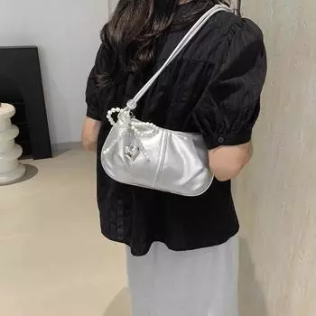 Сумка-тоут с бантом из искусственной кожи, жемчужное кольцо для ключей, перламутровая сумка-тоут, портативная сумка на плечо Y2k, дорожная сумка серебряный