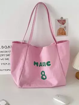 Сумка-тоут с буквенным принтом на весну и лето, женская холщовая сумка, нишевый дизайн, большая вместимость, ленивая сумка через плечо для поездок на работу светло-розовый