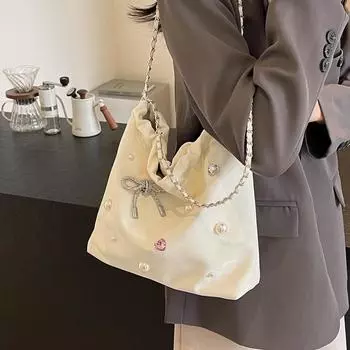 Сумка-тоут с цепочкой, женская сумка через плечо с бантом для поездок на работу, подмышками белый