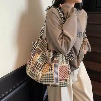 Сумка-тоут с цветным блоком для женщин с принтом в клетку коричневый