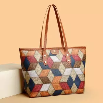 Сумка-тоут с цветными блоками, женская, большая вместительная сумка через плечо, мягкая кожаная сумка коричневый