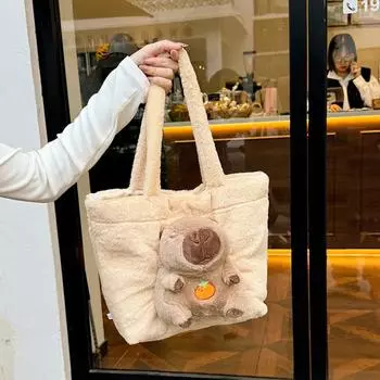 Сумка-тоут с изображением куклы-капибары из мультфильма, большая вместительная сумка через плечо, повседневная плюшевая женская сумка