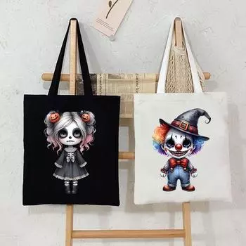 Сумка-тоут с изображением куклы-клоуна для женщин и мужчин, готическая сумка на плечо с изображением мультфильма, сумка для покупок на вечеринку в честь Хэллоуина, сумка для подростков