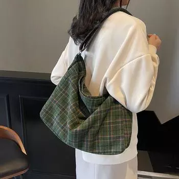 Сумка-тоут с клетчатым принтом, женская сумка через плечо, большая вместимость, сумка через плечо зелёный
