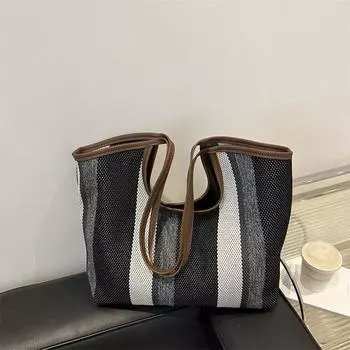 Сумка-тоут с контрастными полосками для переноски вручную, женская, 2025 года, новая, простая, повседневная, большая, вместительная, модная, универсальная, женская сумка чёрный