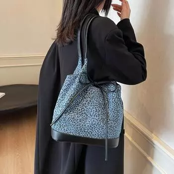 Сумка-тоут с леопардовым принтом, женская, большая вместительная, джинсовая, сумка через плечо, сумка для подмышек темно-синий