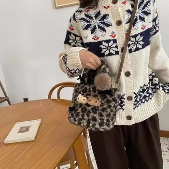 Сумка-тоут с леопардовым принтом, зимняя, симпатичная, плюшевая, черная, кожаная, kt pussy maiden, сумка для поездок на работу HelloKitty, волосатая 23*12*16 чёрный