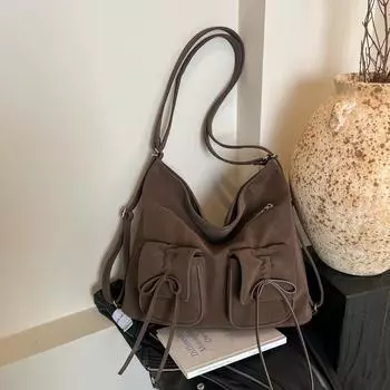 Сумка-тоут с несколькими карманами и бантом, большая вместимость, женская сумка через плечо кофейный