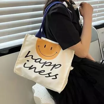 Сумка-тоут с принтом Happy Face, модная холщовая сумка на плечо, большая вместительная сумка для школы, путешествий и покупок 31x25x10cm