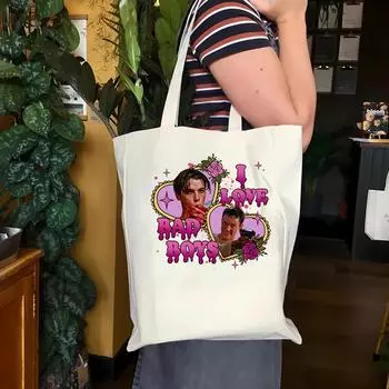 Сумка-тоут с принтом «I Love Bad Boys Harajuku» Любимая холщовая сумка из фильма ужасов Женская сумка-тоут в стиле ретро на Хэллоуин WHITE