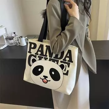 Сумка-тоут с принтом панды, женская, большая вместительная сумка для поездок на работу, сумка через плечо с буквенным принтом, школьная сумка для занятий бежевый