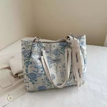 Сумка-тоут с принтом подмышкой, женская сумка через плечо Literary Niche, вышитая студенческая сумка для поездок на работу синий