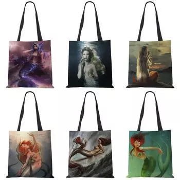 Сумка-тоут с принтом русалки для женщин, многоразовые сумки для покупок, большие дорожные школьные пляжные сумки