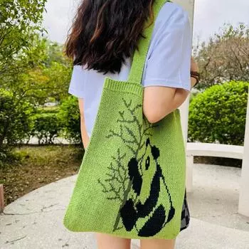 Сумка-тоут с рисунком панды, универсальная вязаная сумка, плетеная пляжная сумка, уличная трендовая сумка через плечо с вырезом бежевый