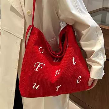 Сумка-тоут с вышитыми буквами Niche Design, женская вельветовая сумка через плечо, сумка-мессенджер, большая вместительная повседневная сумка красный