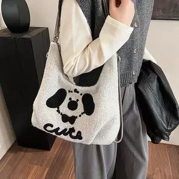 Сумка-тоут с вышивкой в японском стиле, модная осенне-зимняя плюшевая женская сумка большой вместимости, шерстяная сумка, переносная косая сумка через плечо 33*15*30 хаки