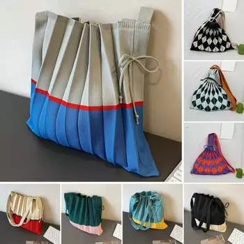 Сумка-тоут с завязками на шнурке в стиле ретро, складная вязаная сумка-тоут с цветными блоками зелёный